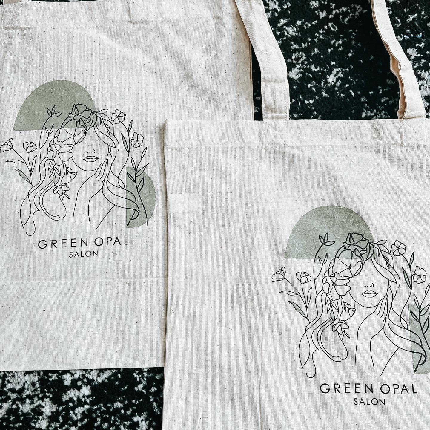 Green Opal Salon screen printed canvas tote bags
