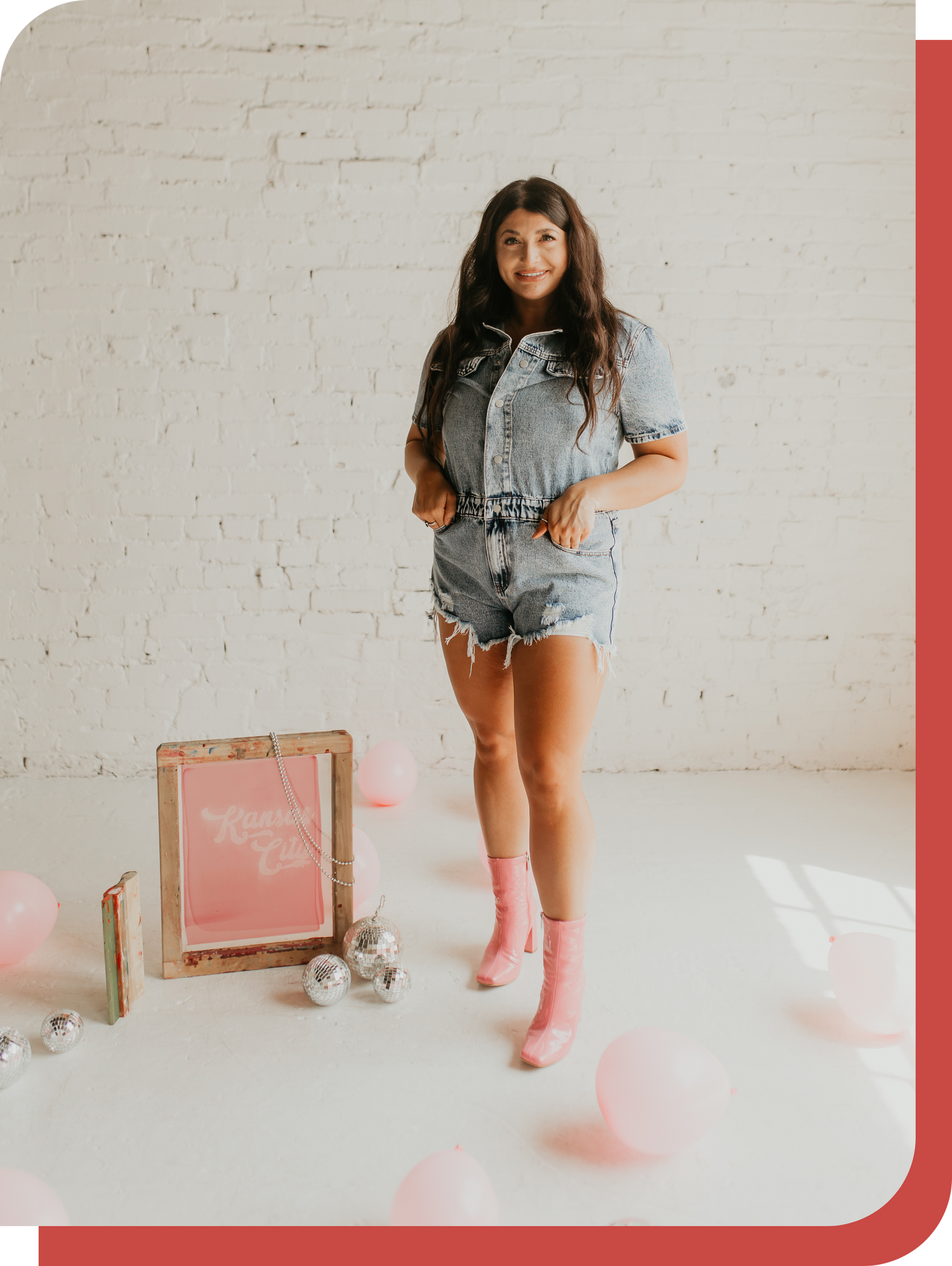 Leanna posing by screen printing device