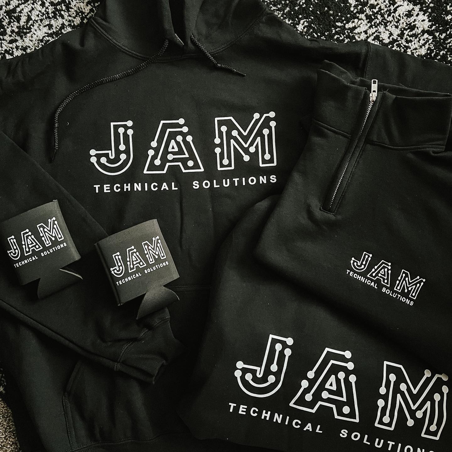JAM technical solutions business bundle with coozies, pullover, sweatshirt, and hoodie