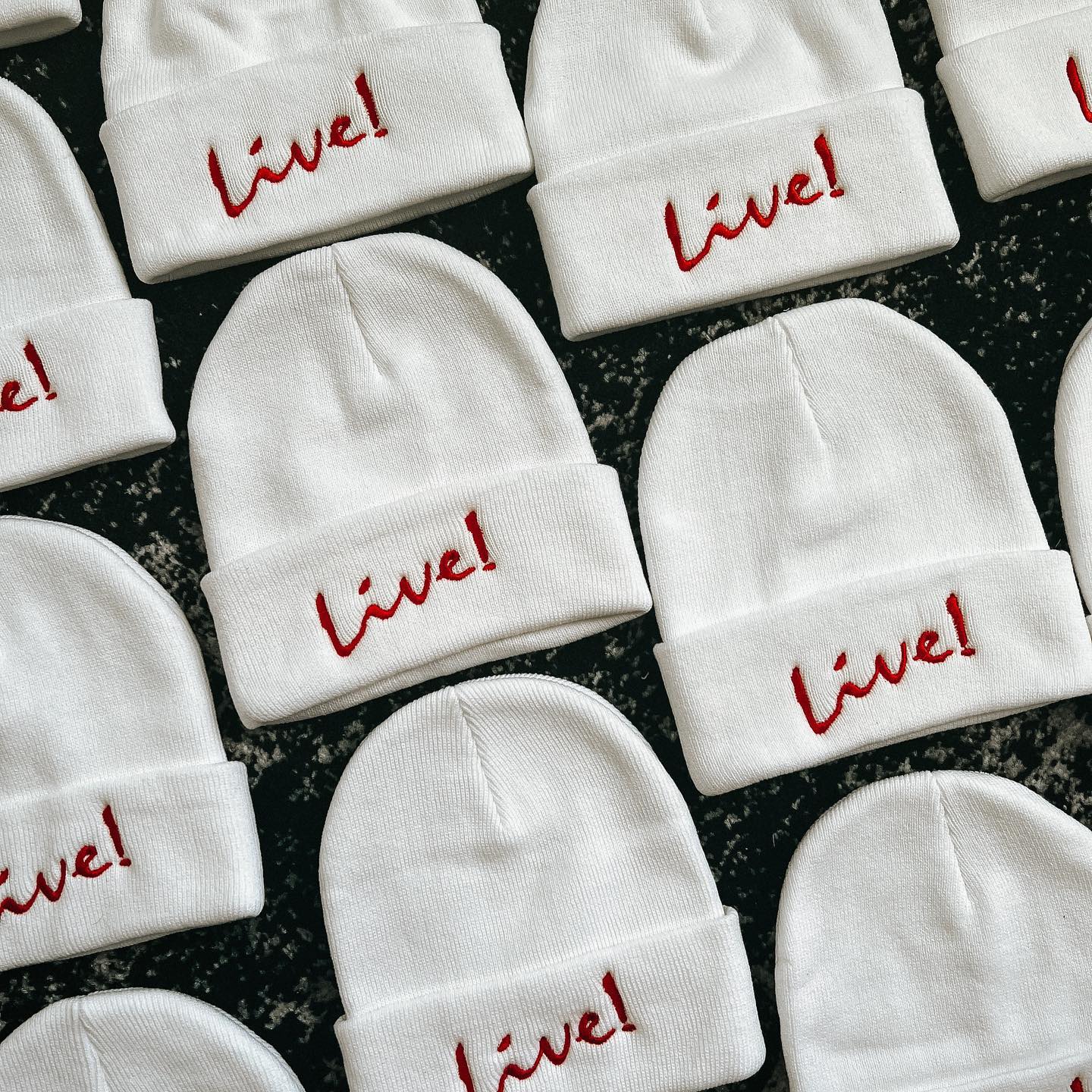 Live! embroidered white beanies