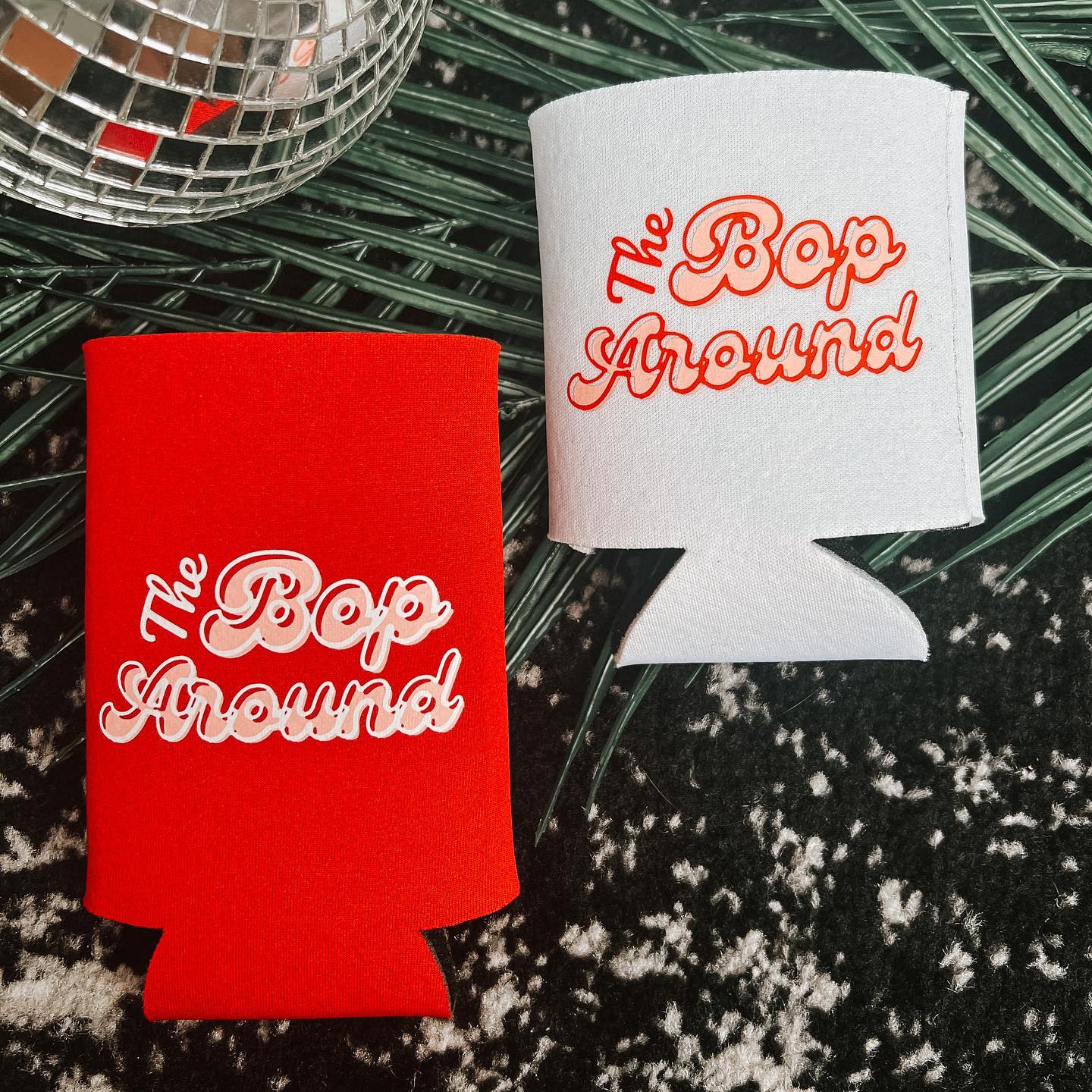 the bop around pink and white coozies