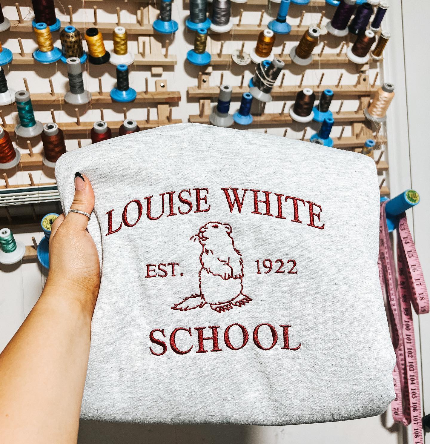 Louise White School light grey sweatshirt embroidered with red thread