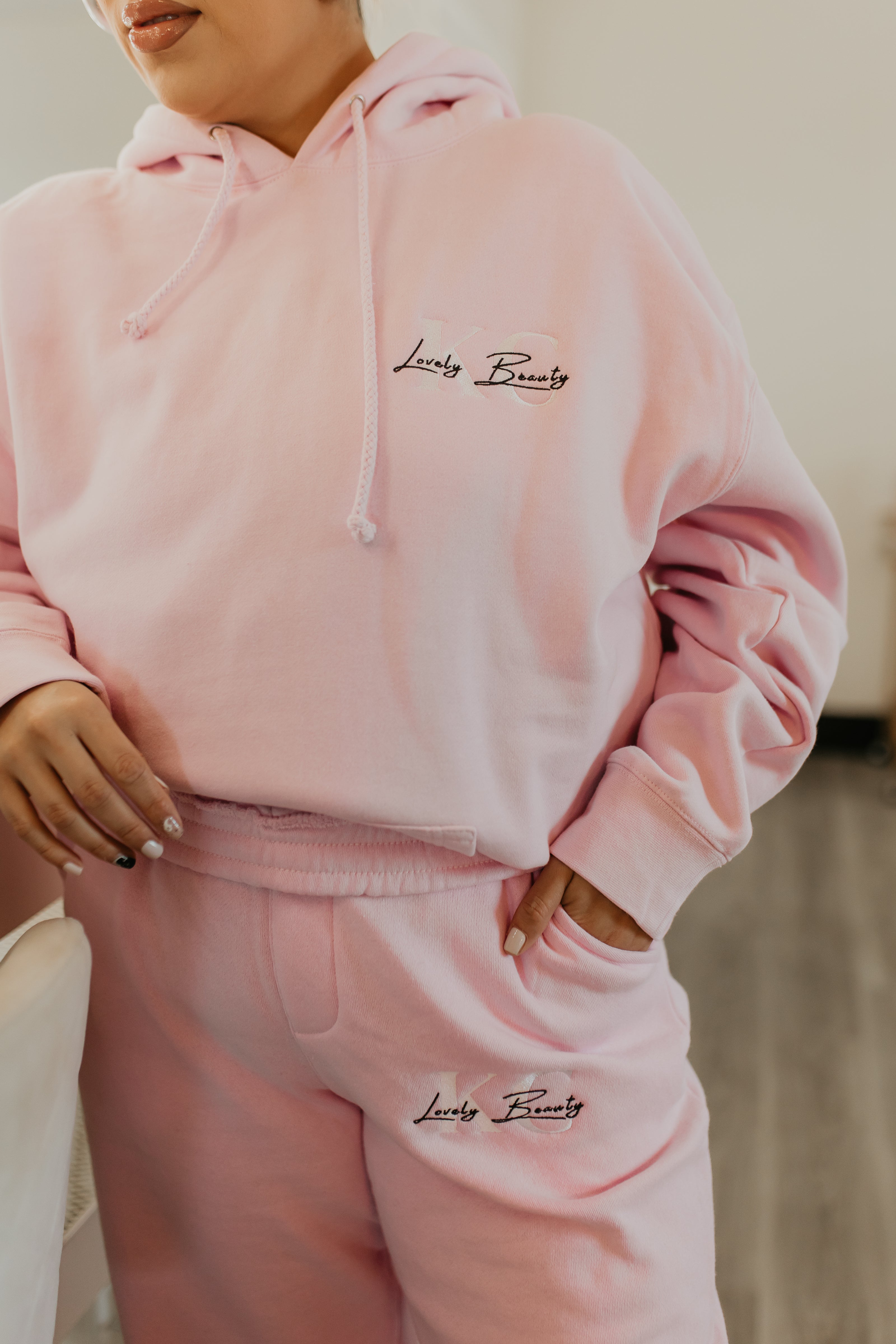 Lovely Beauty pink embroidered sweats and hoodie outfit