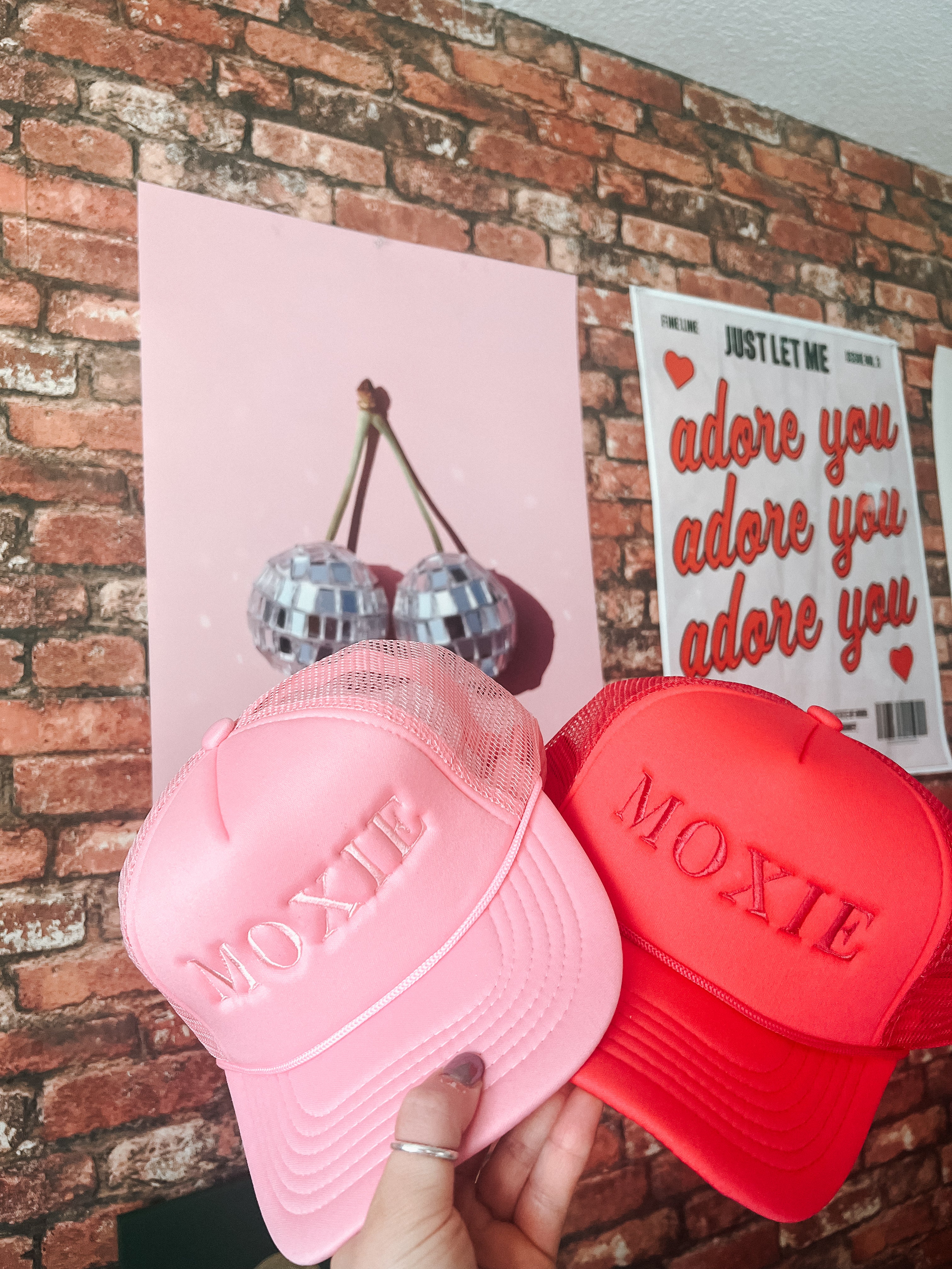 Moxie embroidered pink and red trucker hats