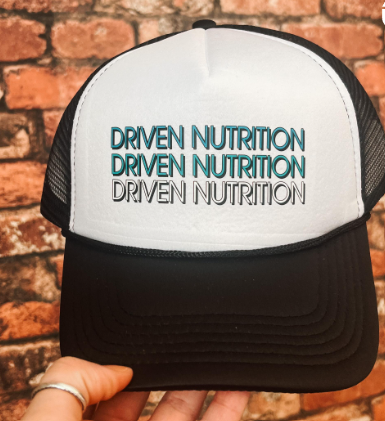 Driven nutrition screen printed black and white trucker hat